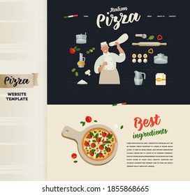 Landing Page Design Template. Modern Flat Vector Concept Illustrations. Pizza Production Process. Skilled Chef Preparing Dough Pizza. Man Wearing Overalls Twisting Dough. Delicious Ingredients.