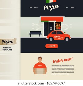 Landing Page Design Template. Modern Flat Vector Concept Illustrations. Pizza Delivery Website. Menu Button. Branding Red Car Delivery at Front of Pizza Restaurant. Italian Style.