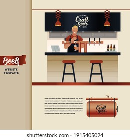 Landing Page Design Template. Modern Flat Vector Concept Illustrations. Bartender. Young Man in Apron Pouring Beer from a Beer Tap. Bar Counter. Copper Metal Barrel.