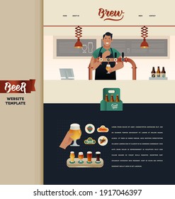 Landing Page Design Template. Modern Flat Vector Concept Illustrations. Bartender. Young Man in Apron Pouring Beer from a Beer Tower. Bar Counter. Hand Hold Glass of Beer. Kinds of Beer Badges.