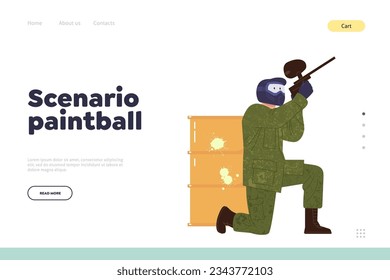 Landing page design template offering interesting scenario paintball and amusement masculine game
