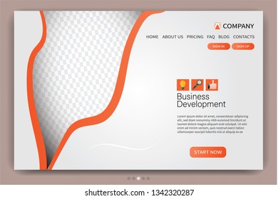 Landing page design template. One page website layout. Vector illustration. Orange color.