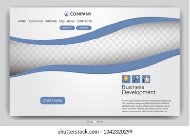 Landing page design template. One page website layout. Vector illustration. Blue color.