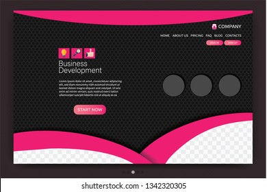 Landing page design template. One page website layout. Vector illustration. Black and pink color.