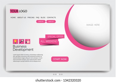 Landing page design template. One page website layout. Vector illustration. Pink color.