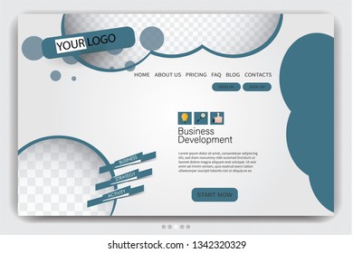 Landing page design template. One page website layout. Vector illustration. Blue color.