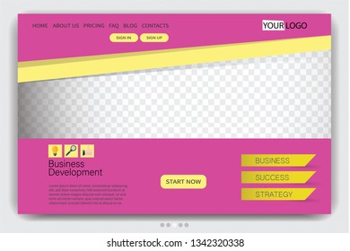 Landing page design template. One page website layout. Vector illustration. Pink and yellow color.
