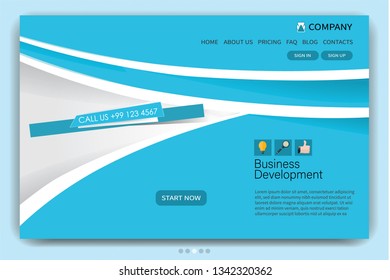 Landing page design template. One page website layout. Vector illustration. Blue color.