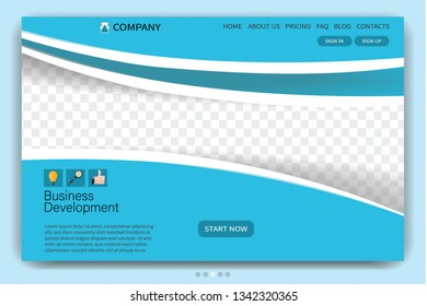 Landing page design template. One page website layout. Vector illustration. Blue color.