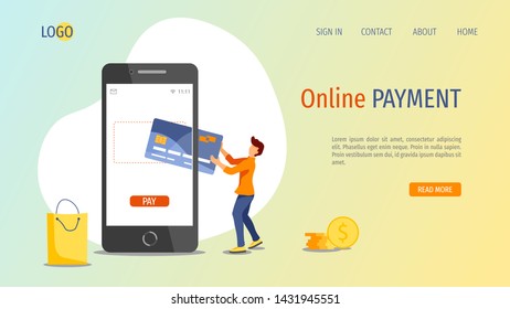 Landing page design template for Online Card Payment with smartphone and man with payment Card. Vector illustration in a flat style for poster, presentation, banner, website.