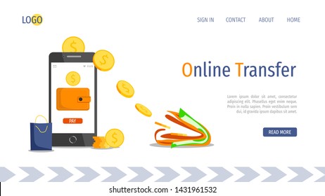 Landing page design template for Online transfer, Payment, Finances, Savings deposit. There are smartphone, mobile payment app, purse and cash. Perfect for poster, presentation, banner, website.