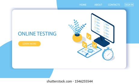 Landing page with design template for online testing. Concept of online exam, questionnaire form, online education, survey, internet quiz. Isometric vector illustration.