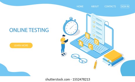 Landing page with design template for online testing. Concept of online exam, questionnaire form, online education, survey, internet quiz. Isometric vector illustration.