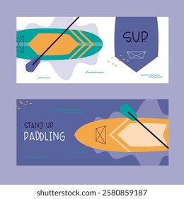 Landing page design template with paddle boards and place for text. SUP boarding art frame. Stand up paddling. Set of horizontal banners in one style for your design. flat vector illustration