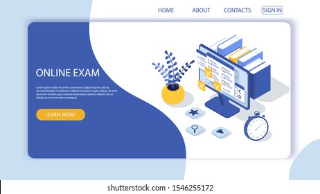 Landing page with design template for questionnaire form, online education survey. Online exam computer web app. Education, knowledge vector concept.