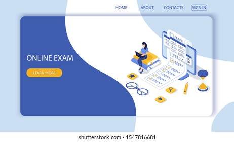 Landing page with design template for questionnaire form, online education survey. Online exam computer web app. Education, knowledge vector concept.