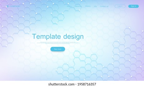 Landing page design template for science, medicine, technologies, business, education with hexagons and colorful dynamic waves. Modern landing page design for websites or app vector