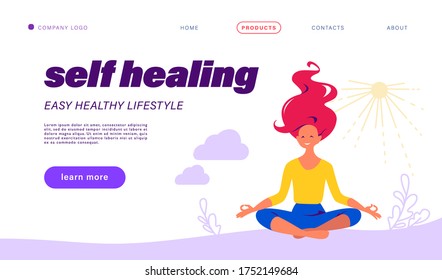 Landing page design template with self healing theme. Young girl sit in lotus asana pose meditate. Healthy lifestyle, mental health concept. Vector flat illustration for web page, mobile app interface