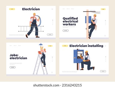 Landing page design template set offering professional online electrical service for fixing problem