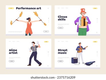 Landing page design template set advertising street public performance of different artist