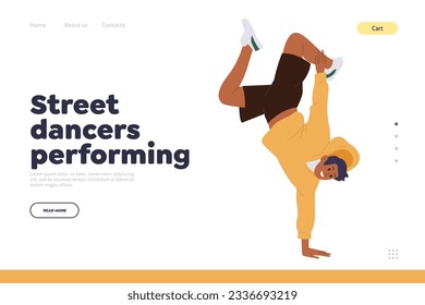 Landing page design template with street dancer performing tricks and stunt freezing on one hand