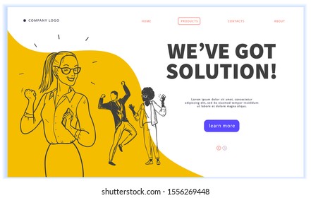 Landing page design template, ui, mobile app. Business solution, creative team work, partnership, recruitment concept. Hand drawn style. Multiracial office people group. Vector illustration.
