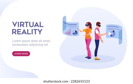Landing page design template for virtual reality website. Cartoon characters of young man and woman experiencing virtual reality simulation together. Vector