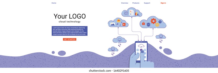 Landing page design template for Web design on Cloud Technology theme. Cloud Computing, Multimedia, Security, Social media, Digital art and App Development.