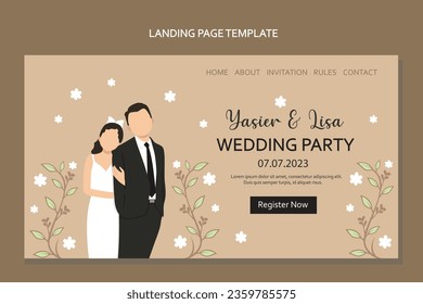 Landing page design template for wedding invitation with cute couple. Vector illustration.