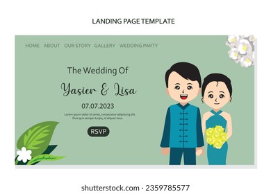 Landing page design template for wedding invitation with cute couple. Vector illustration.