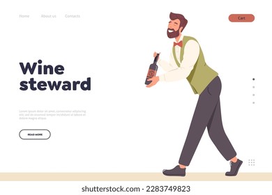 Landing page design template with wine steward expert character carrying bottle serving drink