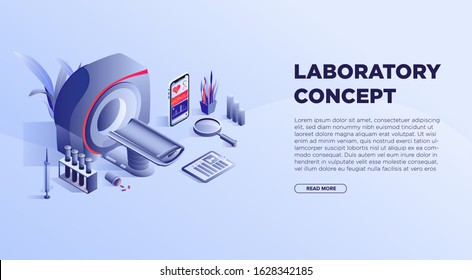 Landing Page Design Templates Collection Of Medical Research, Laboratory Diagnostic, Medical Device Development. Isometric Illustration Concepts For Website Development