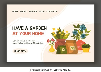 Landing page design with vases of flowers and potted green plants composition. Isolated design elements for home gardening, plant care and floral decor. Perfect for website, promo. Vector illustration