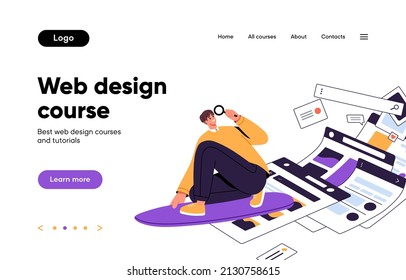 Landing page design for website homepage. Web-site interface layout with menu, elements. Modern education platform wireframe, template for UI UX online courses. Colored flat vector illustration