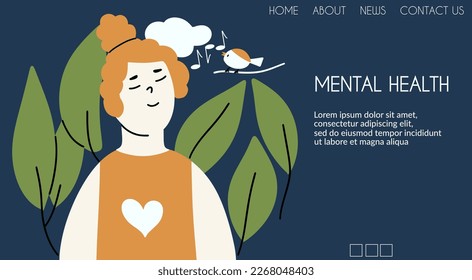 Landing page design with a woman in nature. The concept of positive mental health. Vector illustration in flat style