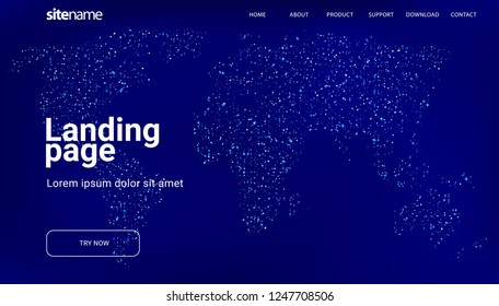 landing page design with World map in the form of glittering stars in the sky. vector illustration.