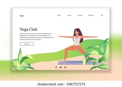 Landing page design for yoga site or outdoor activities with woman , website banner vector template. Happy female character doing outdoor yoga. Vector illustration in a flat style