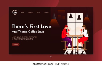 Landing page design with young boy and girl drinking coffee at cafe table on brown background.