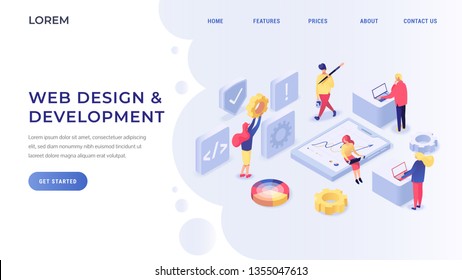 Landing page with developers interacting with data charts elaborating different sites. Technology internet and networking concept isometric vector illustration