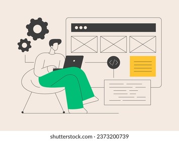 Landing page development abstract concept vector illustration. Product landing page, website development, marketing service, company site element, menu bar design, portfolio abstract metaphor.