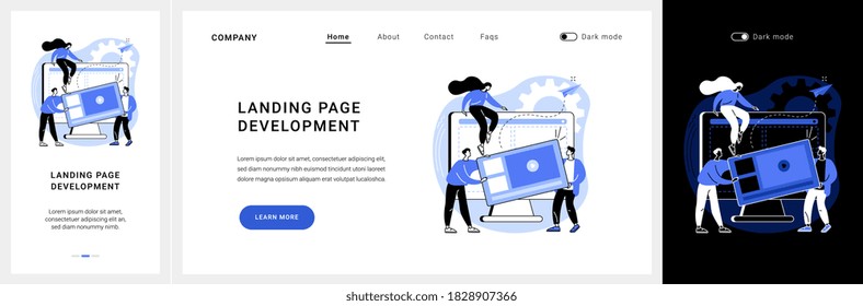 Landing page development website UI kit. Product landing page, website development, marketing service, company site element, menu bar design, portfolio landing and mobile app vector UI template.