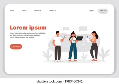 Landing page, Digital device users spending time together. People with a computer, tablet, and smartphone. Vector illustration for web browsing, internet surfing, public access concept