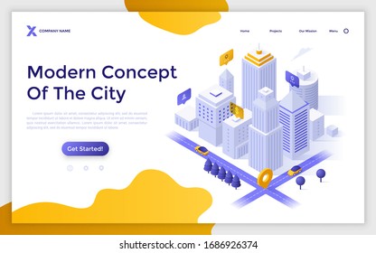 Landing page with downtown area, business buildings and skyscrapers. Modern concept of city, urban development and construction, real estate. Isometric vector illustration for website, webpage.