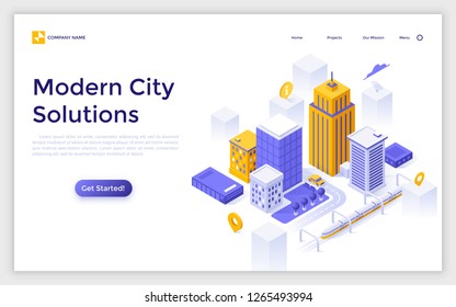 Landing page with downtown buildings and streets, map pins and place for text. Modern city solutions, urban development. Isometric vector illustration for website, navigation service advertisement.