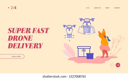Landing Page of Drone Transporting Package for Online Shopping and People Characters. Drone Delivery, Commercial Quadcopter, Aircraft Business Trend Concept. Website, web template. Vector Illustration