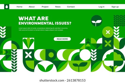 landing page with ecology environment geometric pattern. Vector web banner template for environmental campaigns, sustainability awareness and eco friendly focused projects in green and white colors