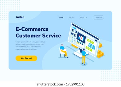 Landing Page E-Commerce Customer Service Online Shopping Isometric Vector Illustration, Suitable for Web Banners, Infographics, Book, Social Media, And Other Graphic Assets