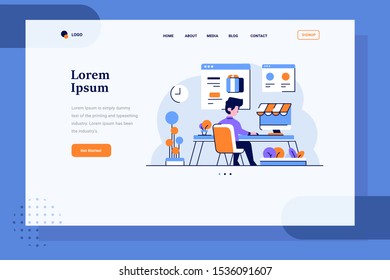 Landing Page ecommerce man choose goods and buy stuff in marketplace transaction flat outline style