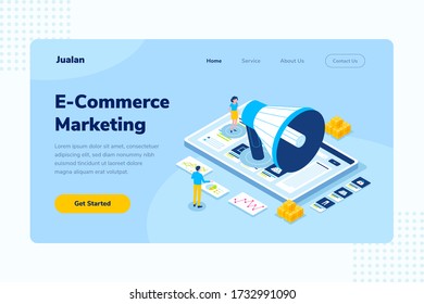 Landing Page E-Commerce Marketing Online Shopping Isometric Vector Illustration, Suitable for Web Banners, Infographics, Book, Social Media, And Other Graphic Assets