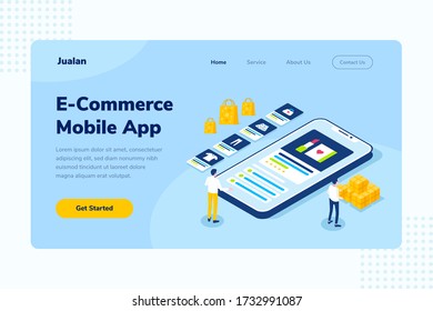 Landing Page E-Commerce Mobile App Online Shopping Isometric Vector Illustration, geeignet für Web-Banner, Infografiken, Buch, Social Media und andere grafische Vermögenswerte